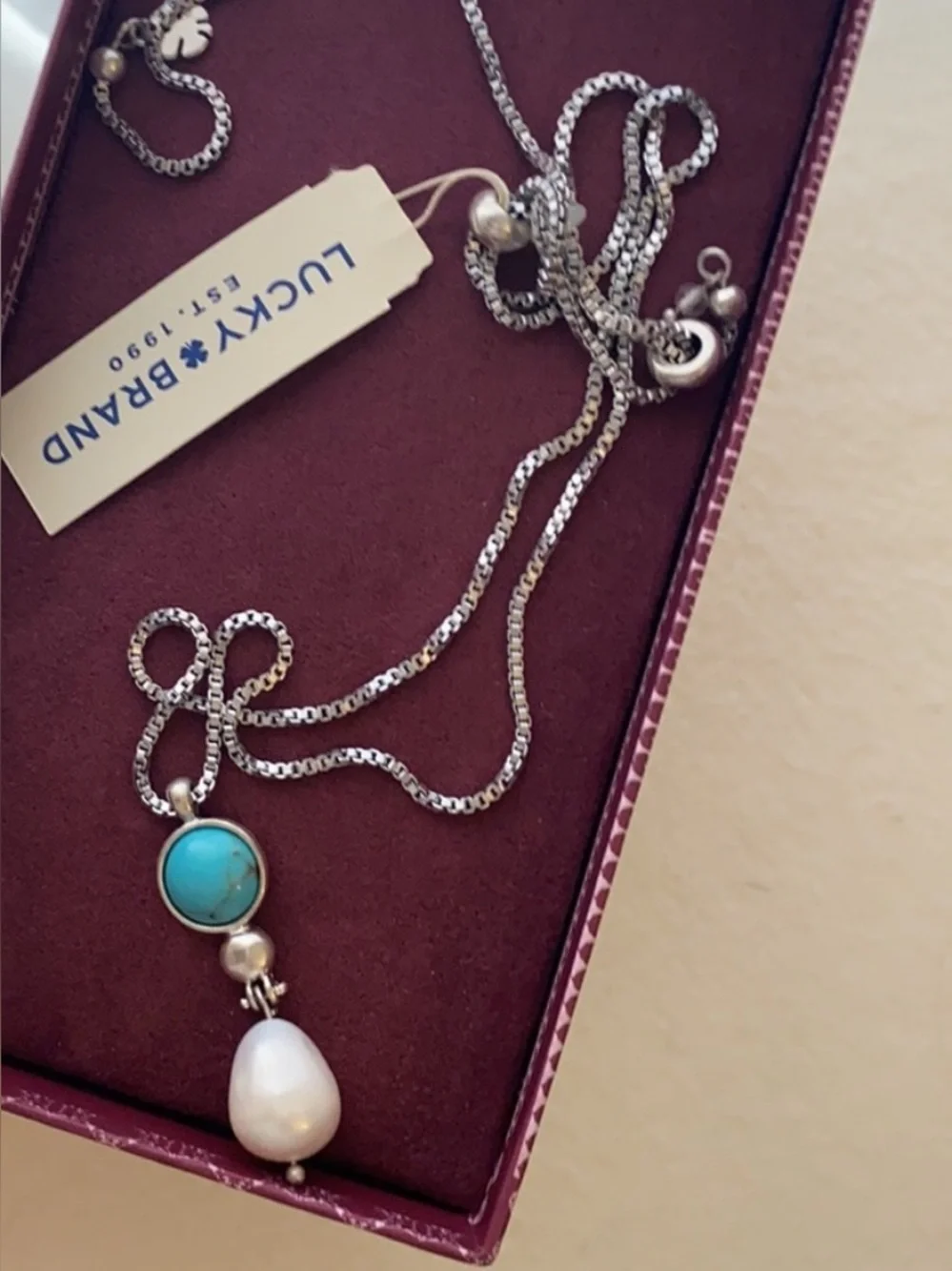 Lucky Brand Silver-Tone Necklace with Turquoise Stone and Pearl Drop Pendant